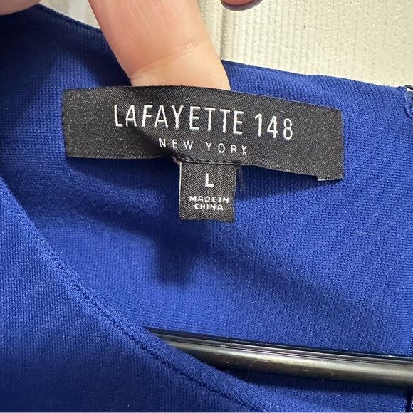 Lafayette 148 Dress Sheath Blue Navy Short Sleeve Knee Length Round Neck Size L - Picture 3 of 5